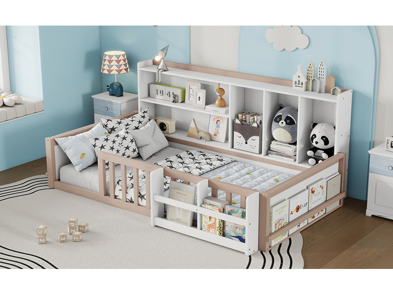 Lit plateforme en bois pour enfant (taille 1 place) avec barrière de sécurité, tablettes latérales de rangement et bibliothèque. Économiser de la place. Matériaux : panneaux de particules, MDF, pin et contreplaqué. Dimensions : 205,5 x 131,8 x 82,8 cm. Poids : 42 kg.