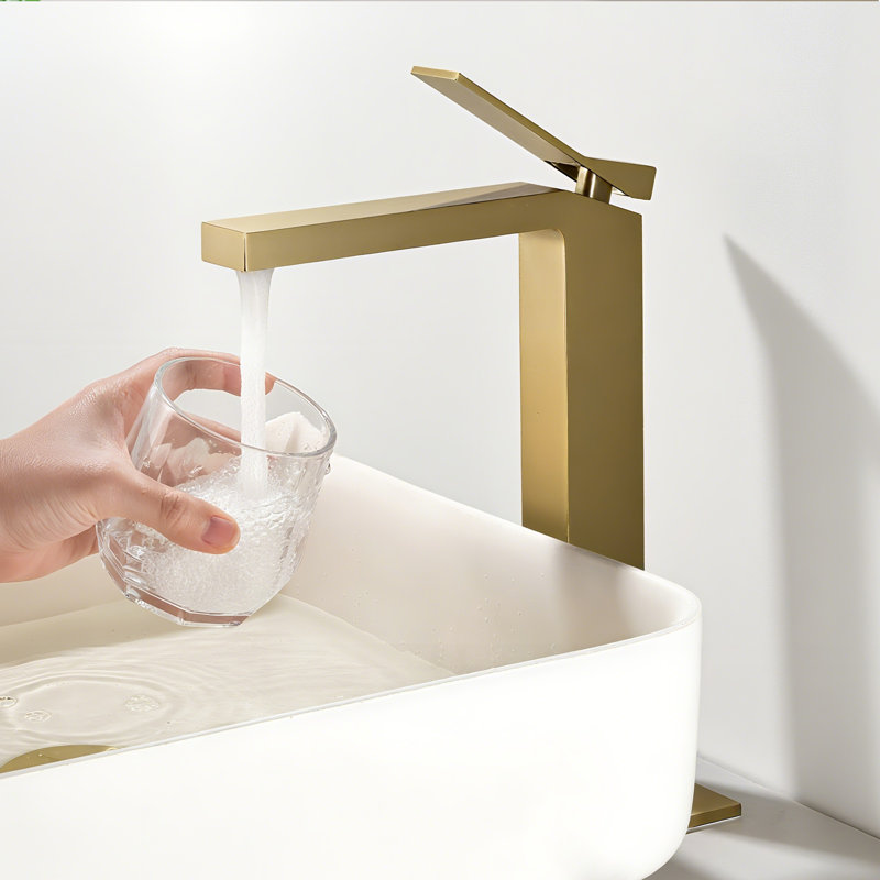 Robinet de lavabo vasque à poignée simple en laiton massif 12 "H, Or brossé, Système de drainage non compris