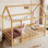 Lit simple en bois avec structure de toit de maison, garde-corps de clôture, naturel