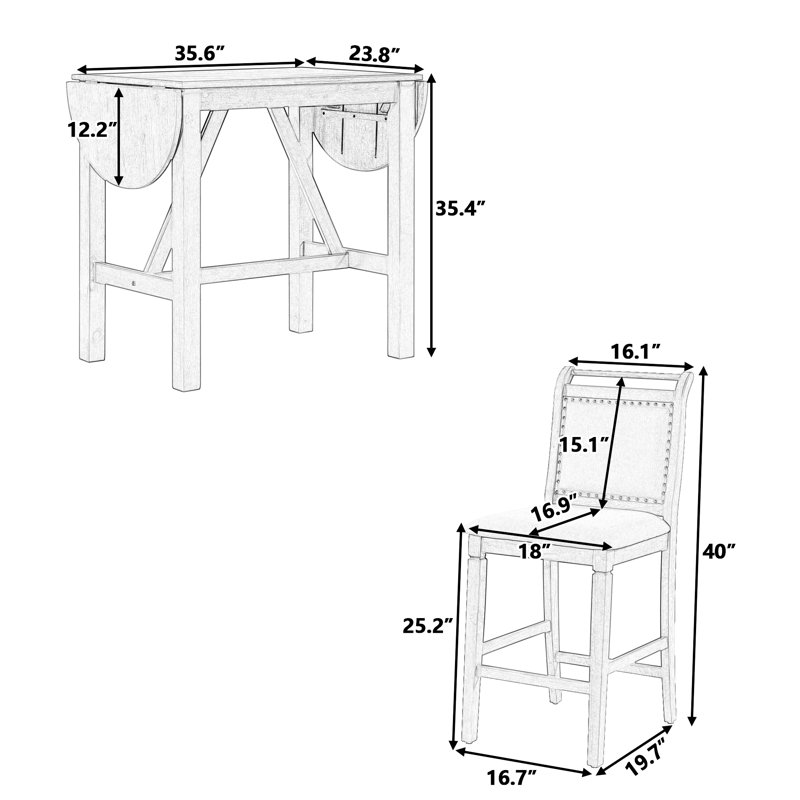 Ensemble de table de salle à manger 3 pièces en bois à hauteur de comptoir avec abattant et 2 chaises rembourrées pour petit espace