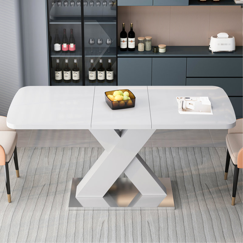Table de salle à manger carrée blanche, extensible, avec base en acier, H 29,31 po, facile à assembler, capacité de charge de 220 lb, installation facile