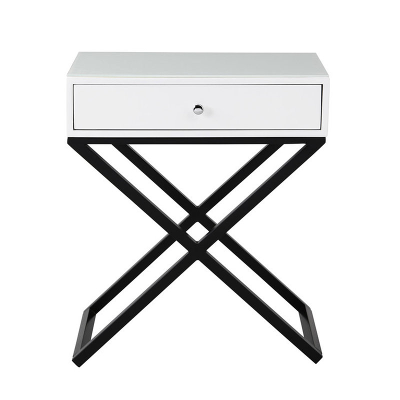 Table blanche 23 po avec plateau en verre, tiroir et table de chevet en bois