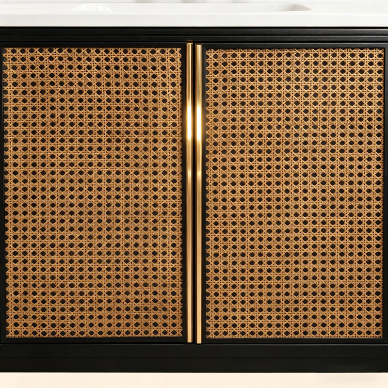 Meuble-lavabo simple en rotin 36 po avec plateau en marbre d'ingénierie Mid-Century Glam, Noir, noir, noir, noir
