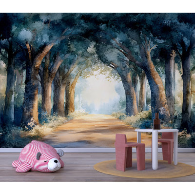 Murale aquarelle forêt - Papier peint amovible Tranquil Woodland Path pour chambre de bébé, chambre d'enfant ou salle de jeux