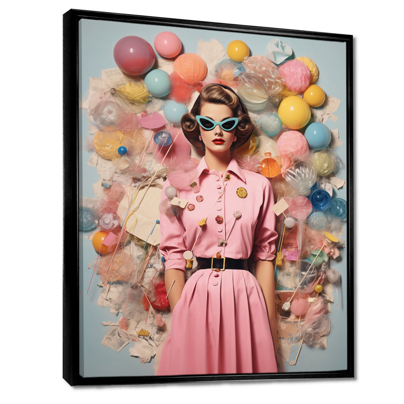 Artiste mural rétro «Fashionista» rose, Toile noire avec cadre flottant, H 32 po x l 16 po x P 1 po