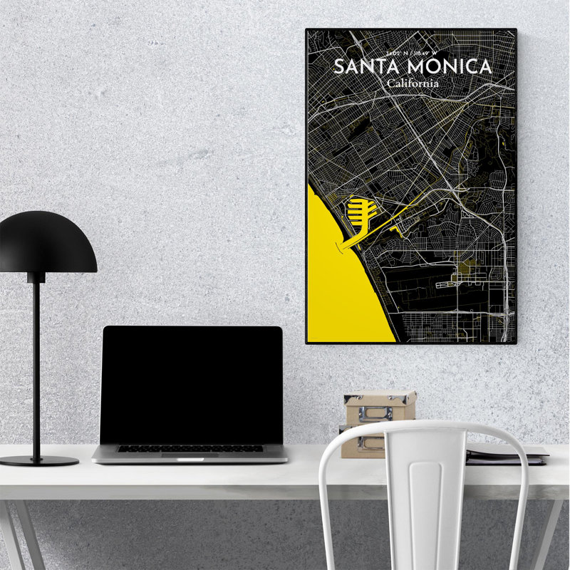 Santa Monica, carte de la ville, impression, H 36 po x l 24 po, Noir/jaune