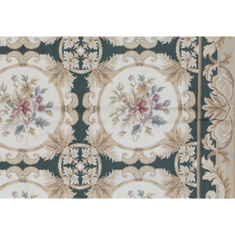 Needlepoint Wool Floral Area Rug in Dark Green/Brown