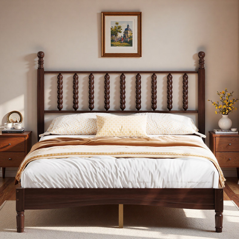 Lit plateforme en bois avec tête de lit en forme de gourde, Lit double
