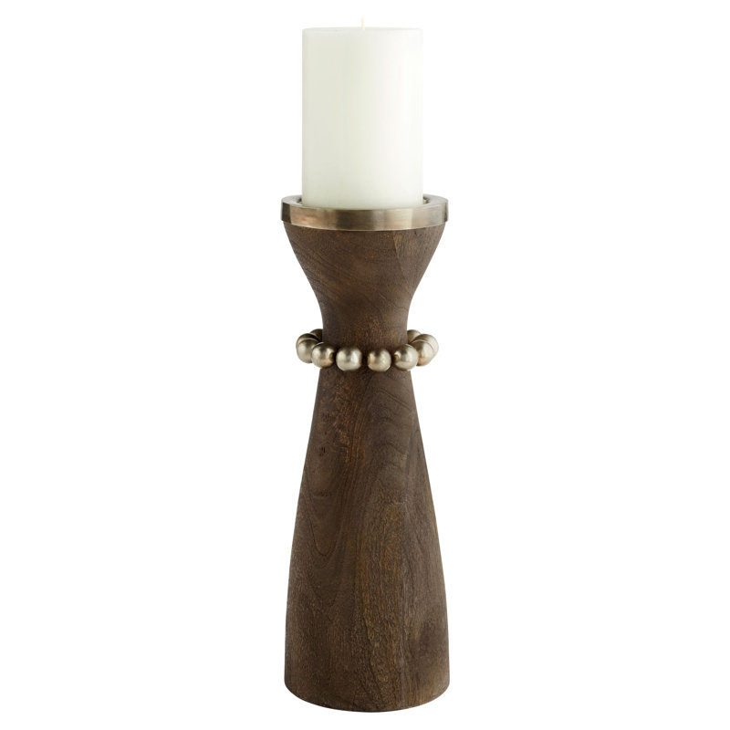 Parvati Wood Tabletop Candlestick, 16" H x 5.5" W x 5.5" D, Weathered Gray/Copper/Antique Nickel