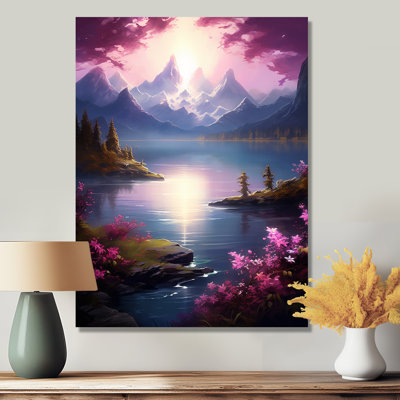 «Pink Mountain Sunset Over Flower Lake», reproduction d'art murale