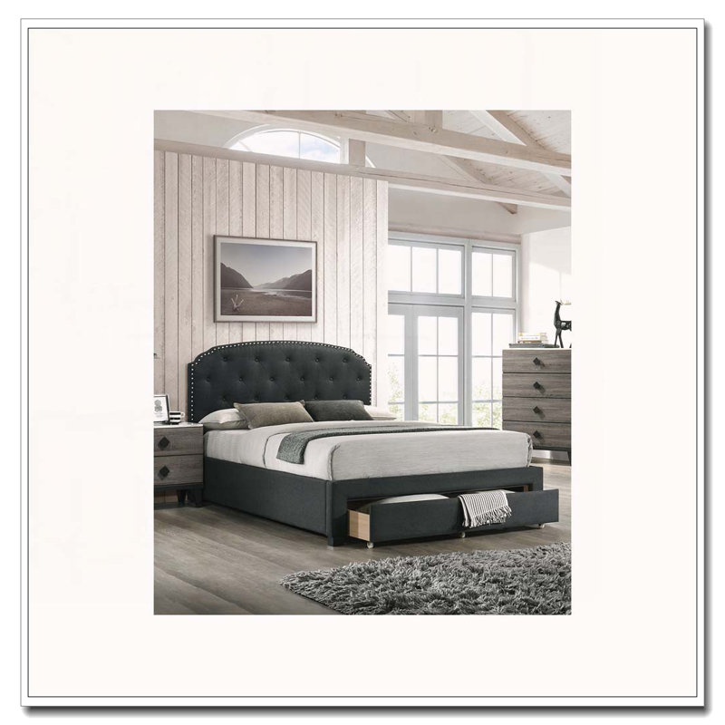 Burlap Upholstered Button Tufted Bed With Drawer