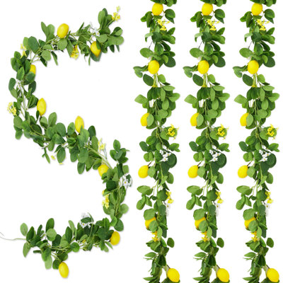 3 guirlandes de citron artificielles de 6,56 pi, guirlande de vignes verdoyantes au printemps été avec citrons, fleurs et feuilles vertes, fausses vignes décoratives pour table de manteau de mariage