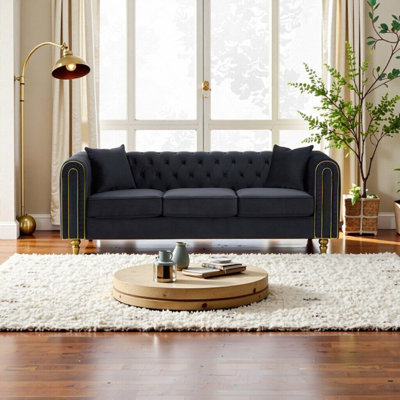 86" Modern Velvet Loveseat Sofa - 3-Seater Chesterfield with Button Tufting & Gold Legs, Black