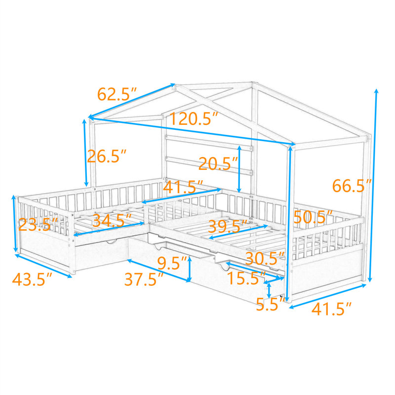 Lit plateforme simple en forme de L avec 3 tiroirs de rangement, Gris