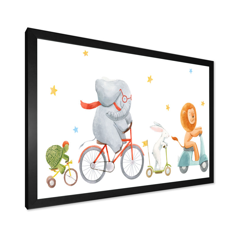 Mignons animaux à bicyclette - Art mural sur toile traditionnel, H 12 po x l 20 po x P 1 po, Cadre d'angle fermé noir