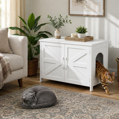 This White Extra Large XL wooden litter box enclosure conceals the cat washroom behind a barn door, creating furniture-style hidden pet-house coverage around the litterbox.
