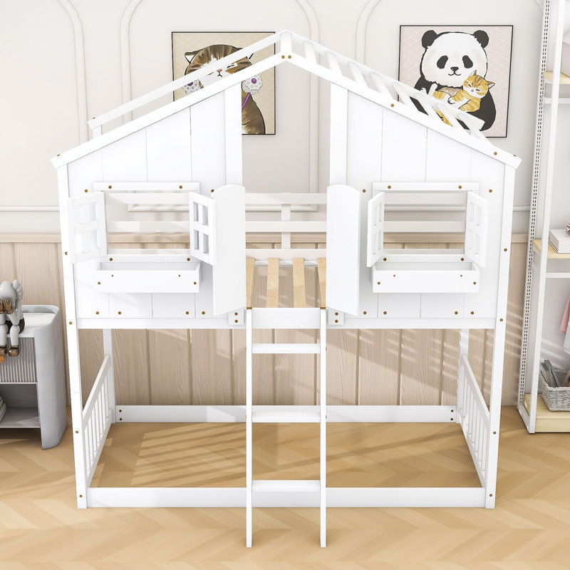 Ackworth Twin over Twin Wooden Bunk Bed with Roof, Safety Guardrails and Ladder, White