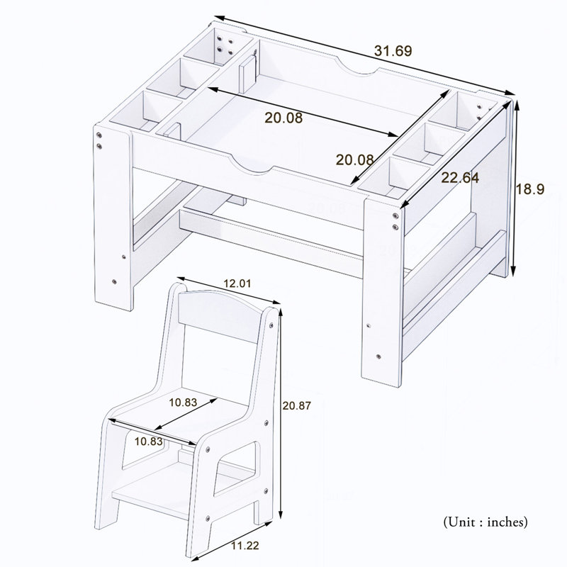 Ensemble de table de jeu et de chaises pour enfants 2 en 1, avec 7 compartiments de rangement, compatible avec le bloc de construction LEGO, mobilier de jeu d'apprentissage de l'activité moderne - blanc