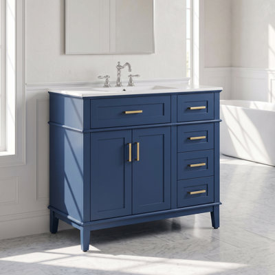 Meuble-lavabo simple Torrence 36 po, fini bleu marine, comptoir en céramique blanche, portes de style Shaker et rangement à fermeture amortie