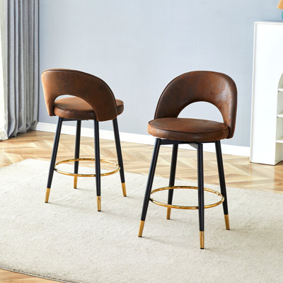 Chaise de bar rotative à 360 °. Hauteur totale de 36 pouces. Chaise de bar rembourrée en tissu d'echnologie moderne brun avec de beaux pieds en métal noir pour la salle à manger, la cuisine, la terrasse et la chaise de bureau d'invités. Ensemble de 2.
