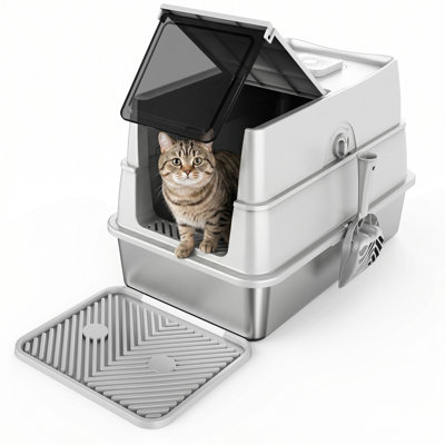 Enclosed Stainless Steel Cat Litter Box with Lid, High Sided Enclosure Metal Litter Boxes with Scoop Set for Big Cats, Non-Sticky, Anti-Leakage, Easy Cleaning