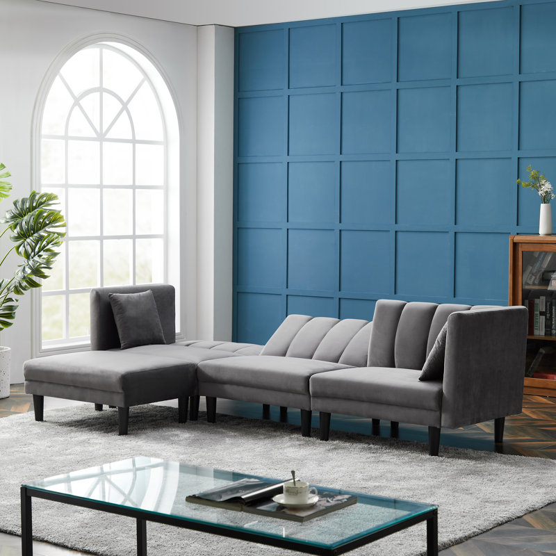 Dawa Velvet L-Shaped Sectional Reversible, Dark Gray Velvet