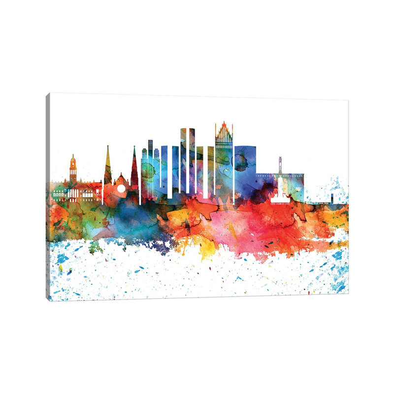 Silhouette de Detroit, aquarelle colorée, H 12 po x l 18 po x 1,5 po