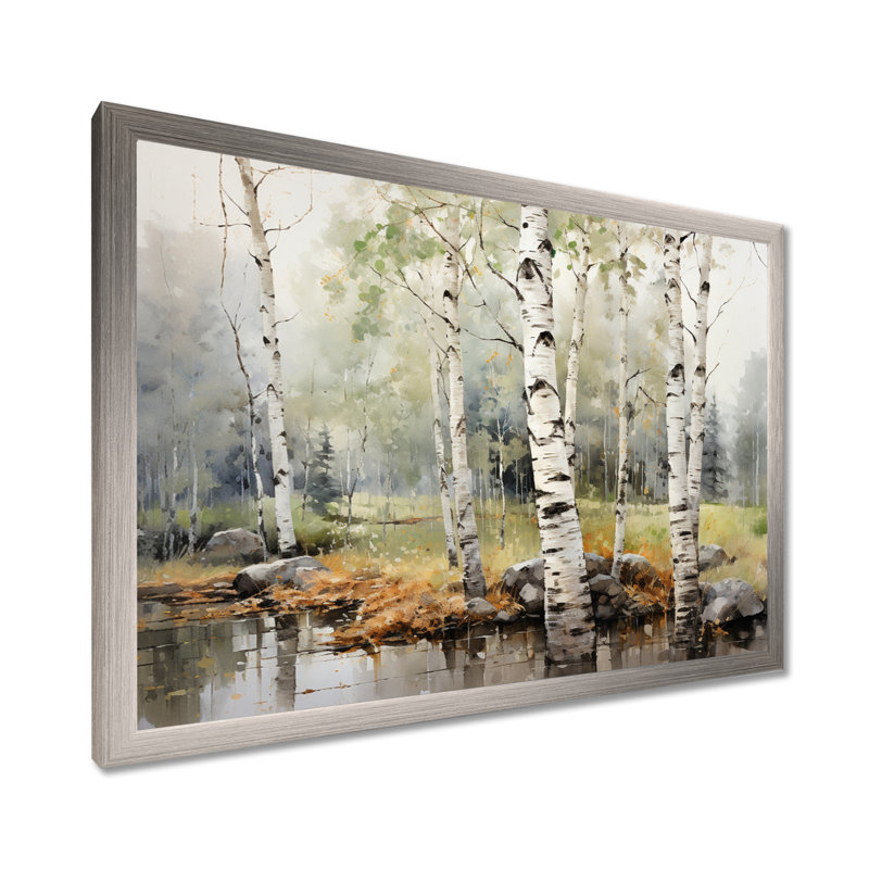 «Green Birch Wood Beauty I - Tree Birch», reproduction sur toile encadrée, Cadre simple argenté, H 34 po x l 44 po x P 1,5 po