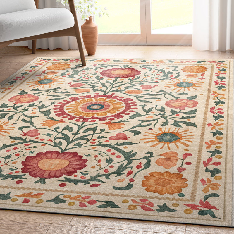 Suzani Beige Floral Chenille Rectangular Washable Area Rug 9'10" x 13'