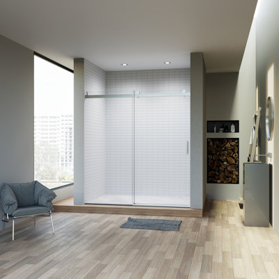 68-72 Inch Wide Frameless Sliding Shower Door With Soft-Close, Reversible Installation, And 3/8 Inch Thick Tempered Glass
