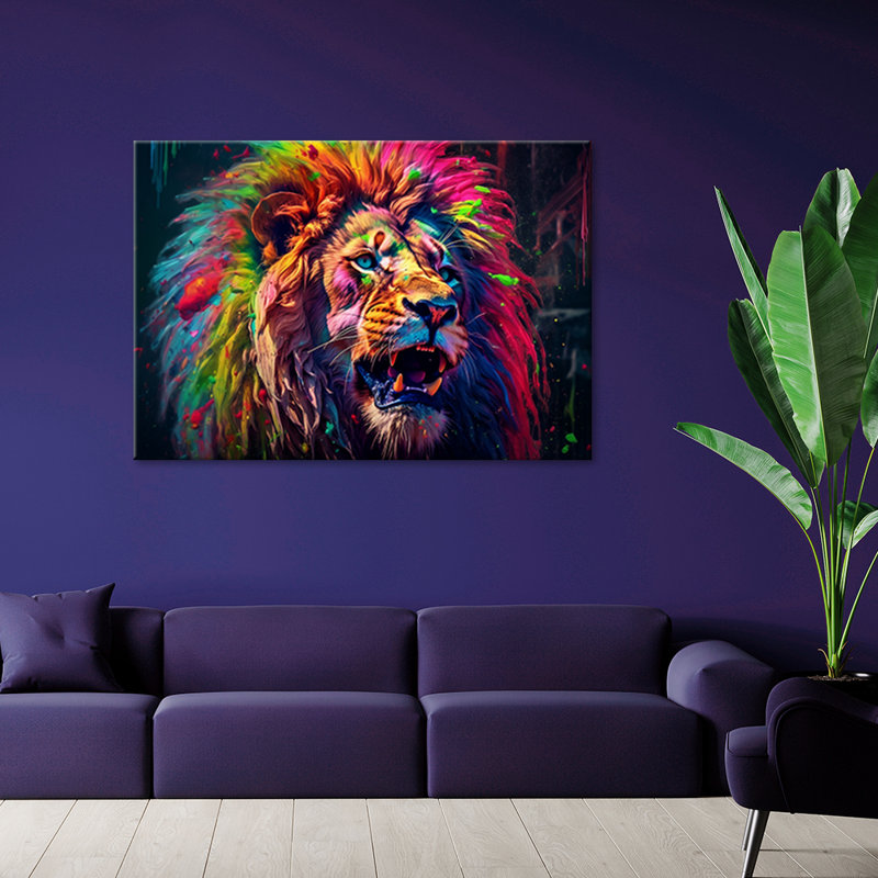 Neon Lion Colored - No Frame Print on Canvas