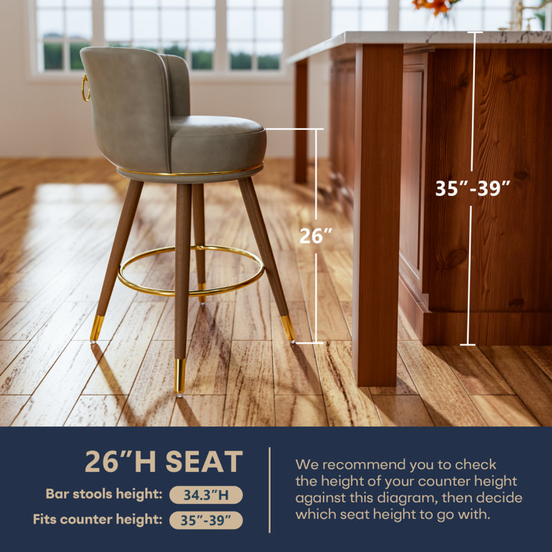 26 inch Bar Stools Set of 4 with Backs, Upholstered Gray Leather Swivel Counter Stools with Wood Legs, 4, Gray