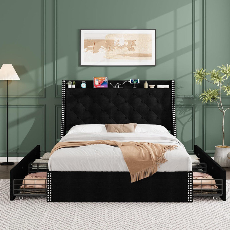 Full/Queen Velvet Bed Frame with Wingback Headboard, Wood Slats, No Box Spring Needed, Easy Assembly, Blue, Full
