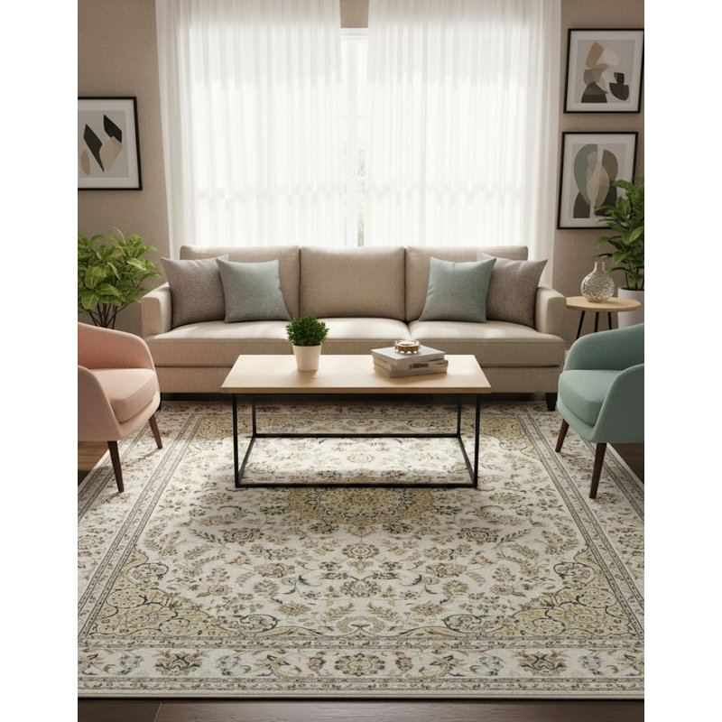 Tapis floral crème / beige / brun en laine noué à la main Floral, Rectangle 8 pi 11 po x 12 pi 1 po