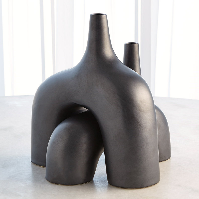 Handmade Earthenware Table Vase, 10" H x 13" W x 4" D, Black