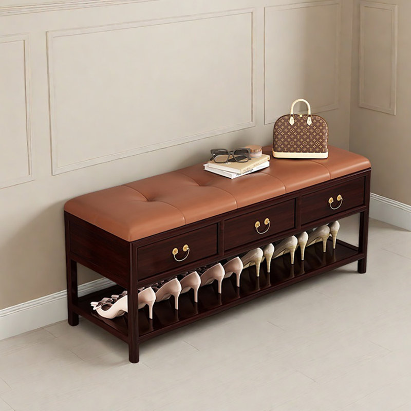 47.2in Retro style Shoe Storage Bench, Orange/Red Wood