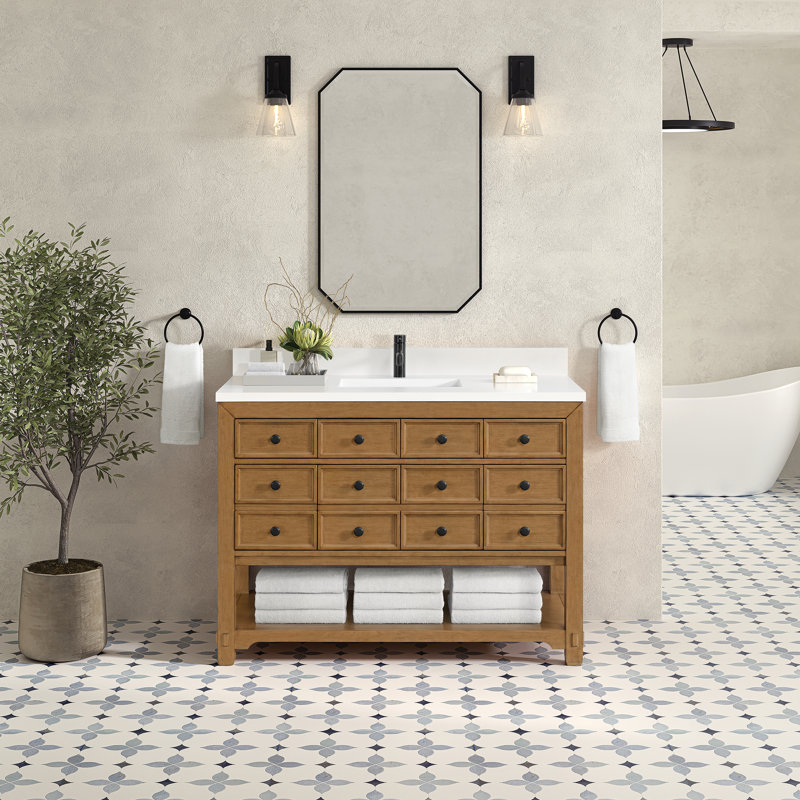Malibu 48'' W Single Vanity, Widespread, Amber Birch, Carrara Marble