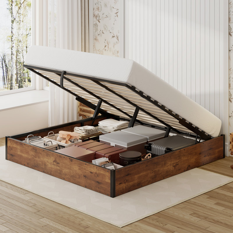 Base de lit plateforme avec rangement Lift Up, Double, Brun