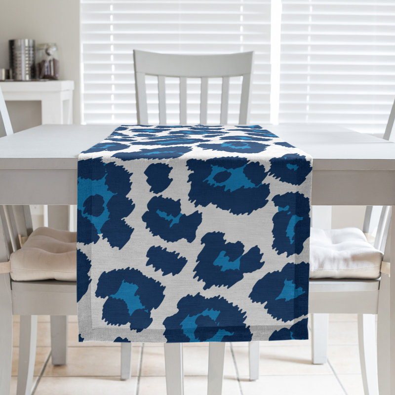Animal Print Table Runner, 90" x 16", White/Dark Blue