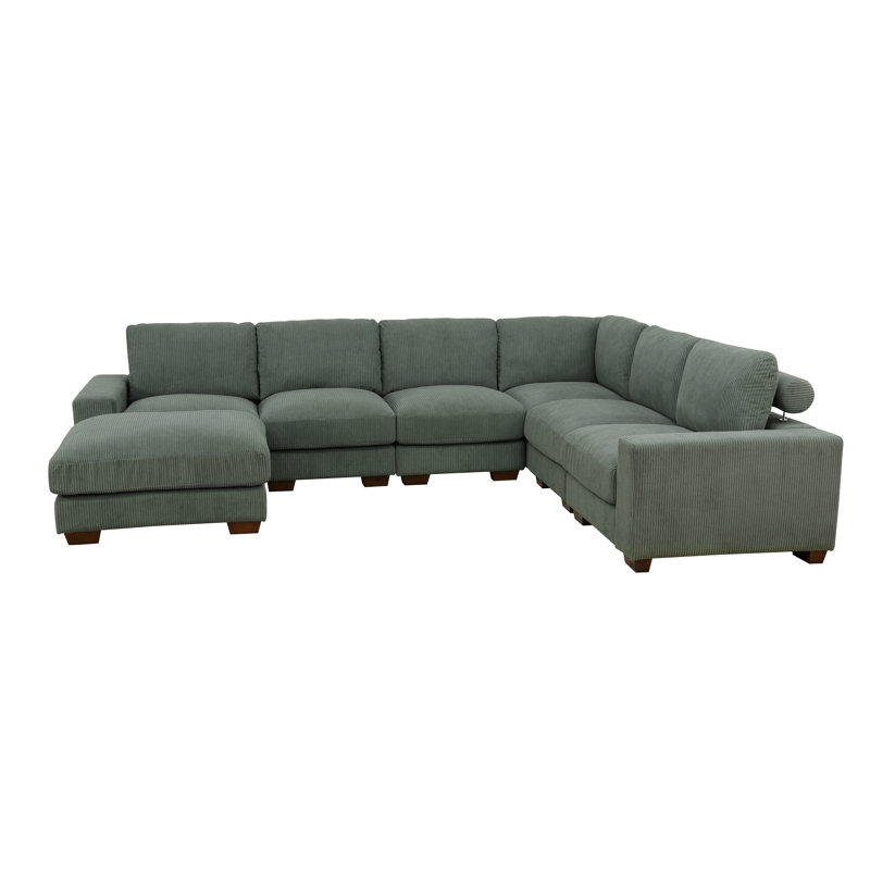 Arial 123" 7-Piece Premium Corduroy Reversible Living Room Modular Sectional Sofa with Ottoman, Dark Green Corduroy