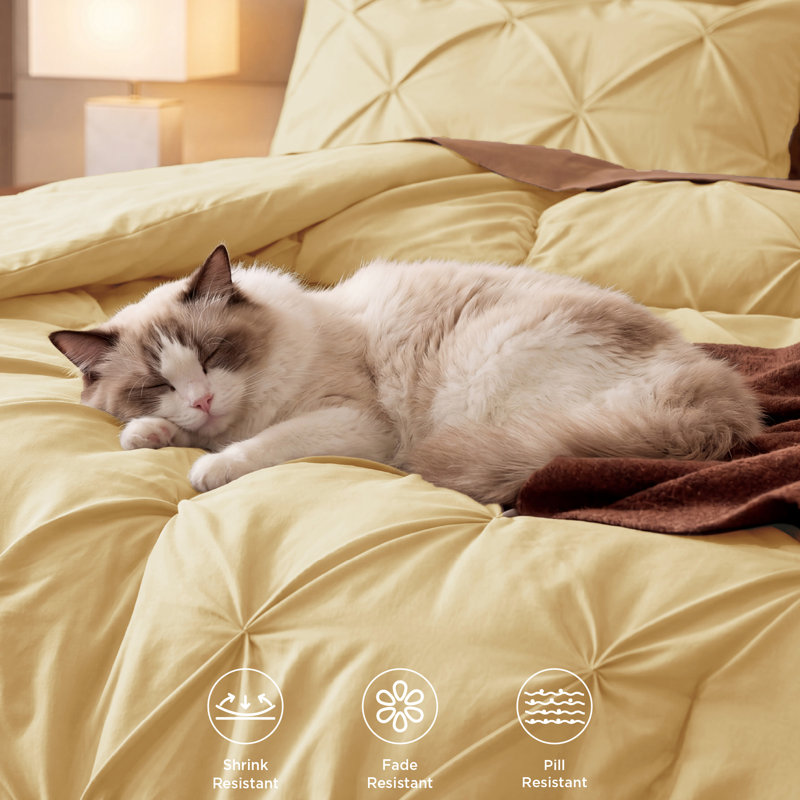 Bedsure Queen Comforter Set Impala Yellow - Queen Size Bedding 3 Pieces, Gentlesoft Pintuck Bed Set Gift For Family, Pinch Pleat All Season Comforter & Pillowcases