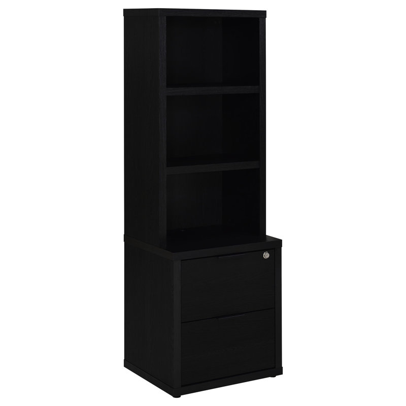 Bibliothèque murale noire à trois pièces avec tablette, fonction de tablette de tour et tablettes ouvertes, tiroirs sécurisés pour une présentation stylisée dans un arrangement de rangement principal, noir