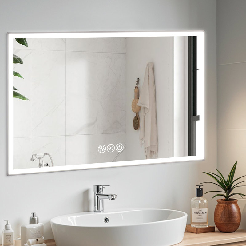 Miroir de salle de bain 48 x 32 po avec lumières à DEL, brouillard, miroir encadré de 3 couleurs possibles, présentation personnalisable accessible