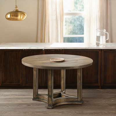 Round Dining Table for Gatherings, Seats 4, Solid Wood with Oak Veneer, 47-Inch Pedestal Base, Warm Brown Finish