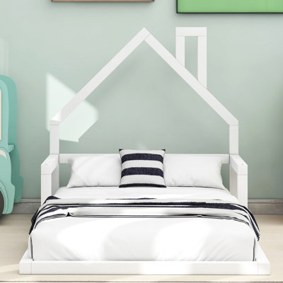 Lit simple blanc au sol avec tête de lit en bois de pin massif massif + lit double