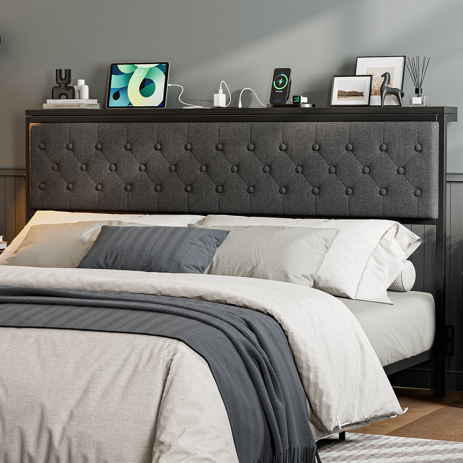 Winston Porter Headboard With Storage And Charging Station, Upholstered ...