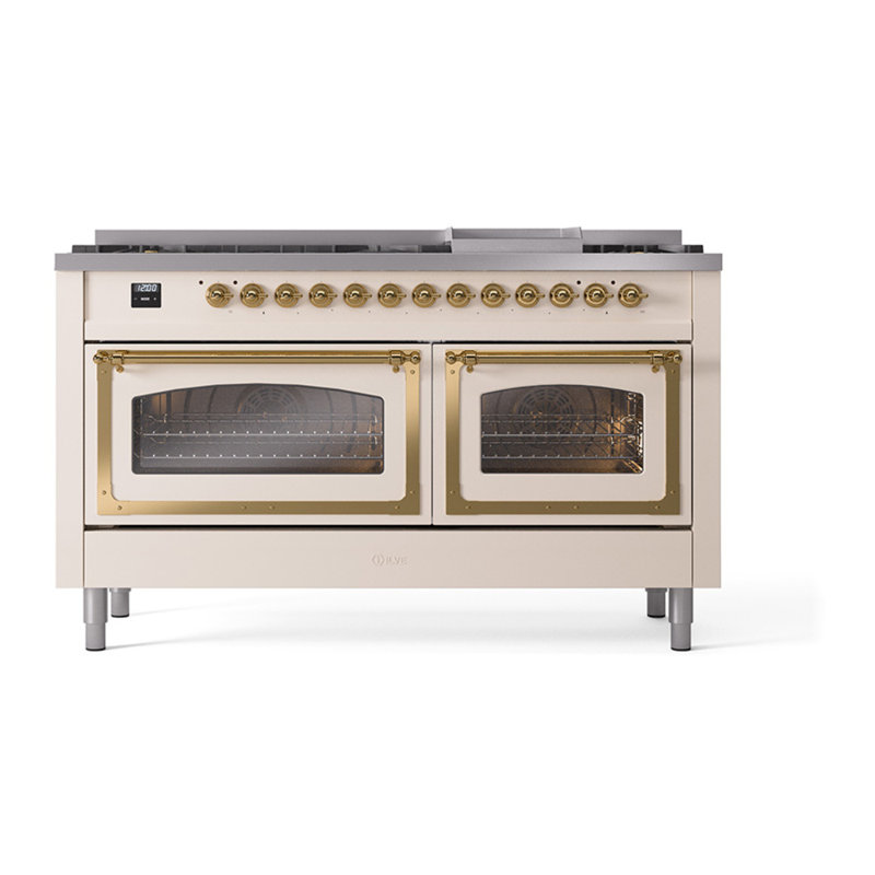 ILVE Nostalgie II Noblesse 60 in Dual Fuel Range, 9 Burner, Griddle, Liquid Propane, Antique White/Brass