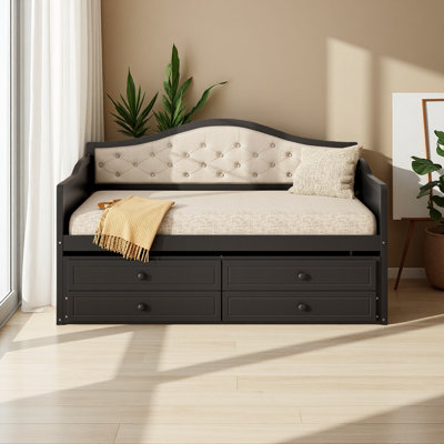 Twin Daybed With Trundle, Twin Size Daybed With 2 Storage Drawers, Wooden Sofa Bed With Upholstered Button Tufted Backrest For Living Room