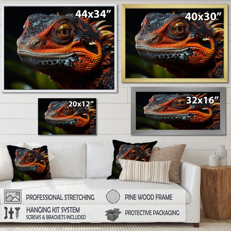 Portrait d'amphibien orange reptile, H 34 po x l 44 po x P 1,5 po, Cadre simple noir