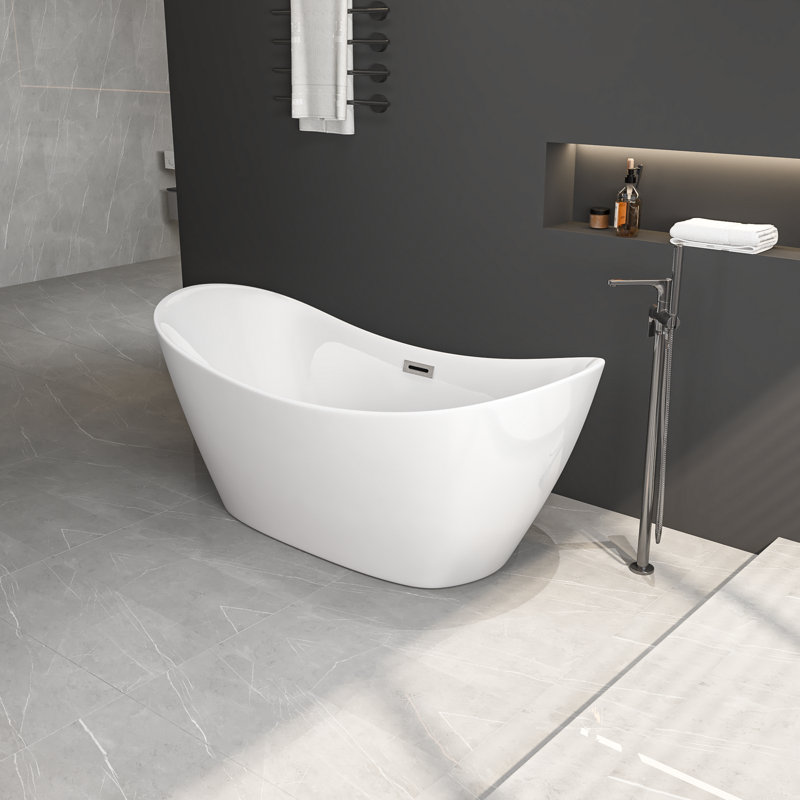 Baignoire autoportante 67 po en acrylique, baignoire double avec trop-plein chromé et bonde escamotable, certifiée Cupc
